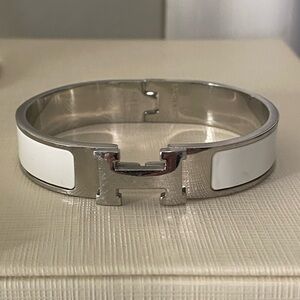 Hermes White Enamel and Silver Clic H Bracelet Authentic and Fair Condition